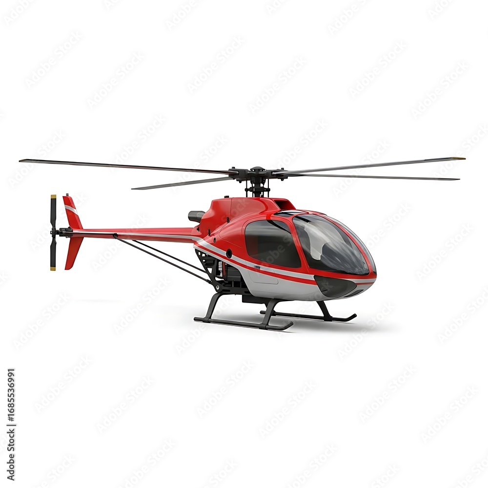 Fototapeta premium Red and silver helicopter isolated on white background, ready for flight