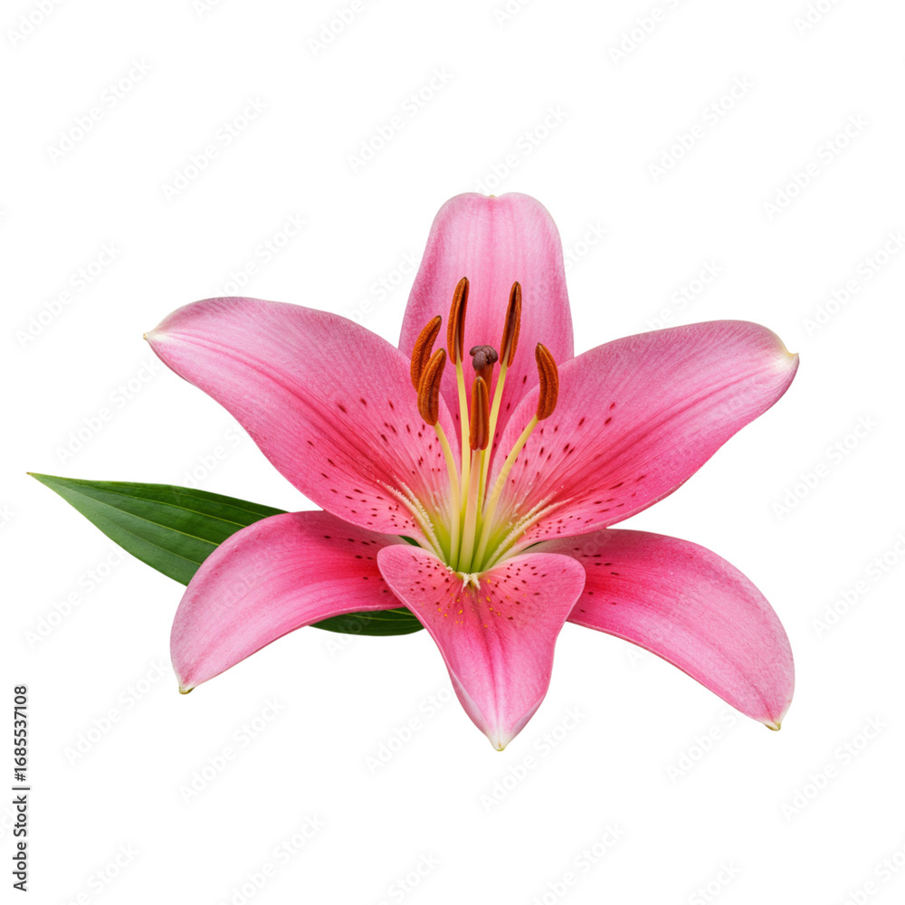 Fototapeta premium Close-up of a vibrant pink lily flower with detailed petals and stamen isolated on a black backdrop. transparent background