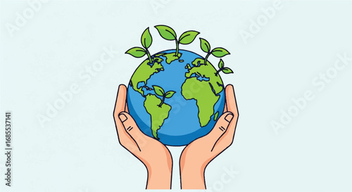 Hands cradling a vibrant Earth, adorned with flourishing green plants, symbolizing environmental care.