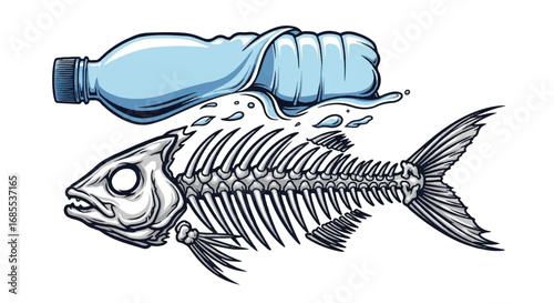 Plastic bottle crushing a fish skeleton, representing ocean pollution and environmental issues.