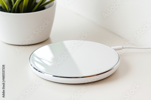 Wireless charger on white desk next to plant, minimal workspace setup with modern technology accessory designed for convenience and efficiency at home or office.