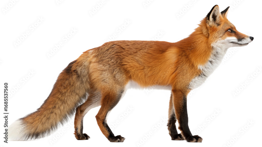 Fototapeta premium A realistic full-body portrait of a red fox standing gracefully, isolated on a transparent background PNG