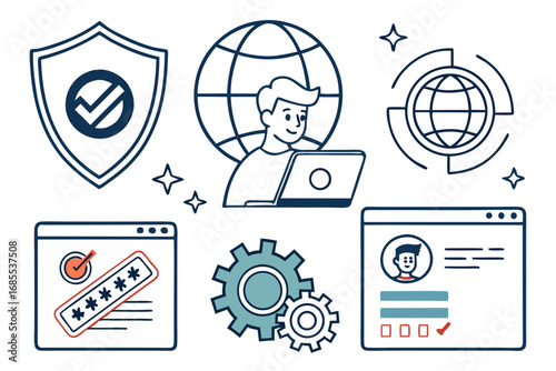 Digital security and online privacy concepts illustrated with icons including a shield globe user and password entry