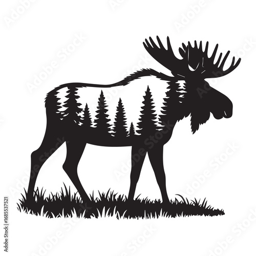 Moose Silhouette with Double Exposure Forest Vector Illustration