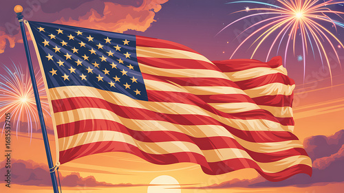 Waving American flag with fireworks display at sunset patriotic celebration