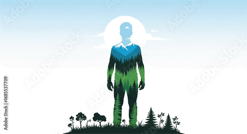 A silhouette of a person filled with a forest landscape and mountains under a bright sun.