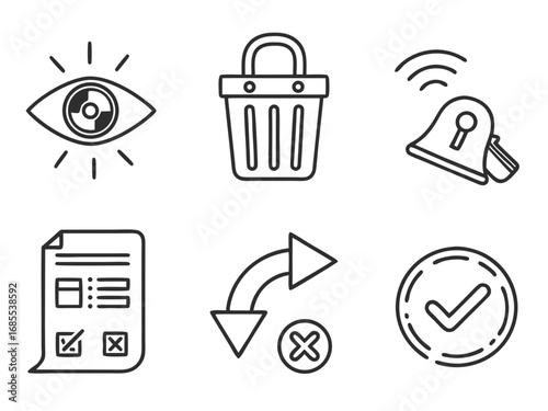Set of six simple line art icons representing observation shopping security document checklist and confirmation on white background