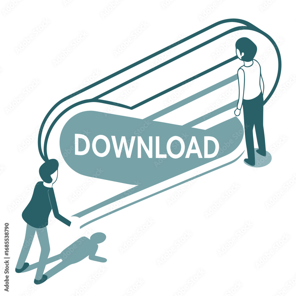 Fototapeta premium Two people interacting with a large download button in a modern isometric design style