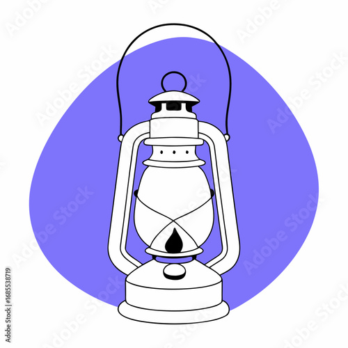 Stylized illustration of a vintage kerosene lantern with a flame against a purple oval background
