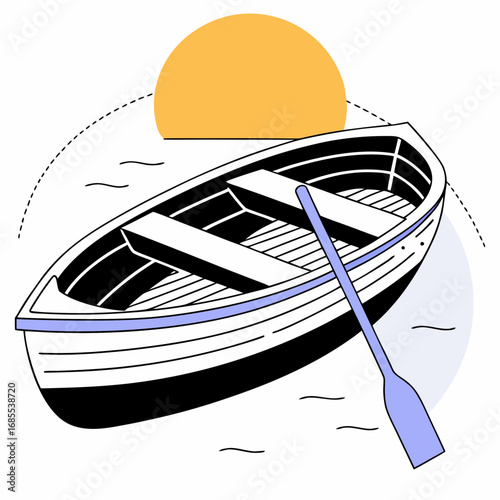 Stylized illustration of a rowboat with an oar floating on water under a large sun