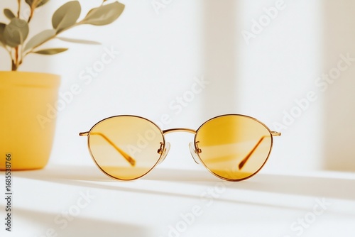 Stylish yellow sunglasses with round frames placed on white surface with potted plant and soft shadows, modern eyewear accessory in bright setting, sunlight reflecting on glass, minimalist vibe.