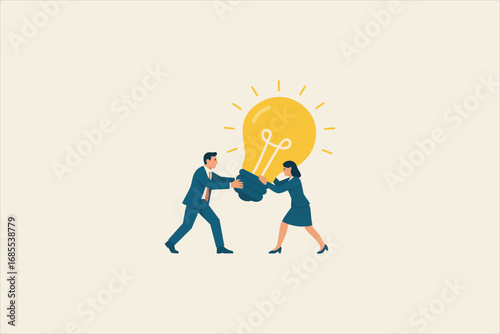 Flat vector illustration of teamwork and innovation concept. A businessman and businesswoman in formal suits are holding and pushing a giant glowing yellow light bulb together.