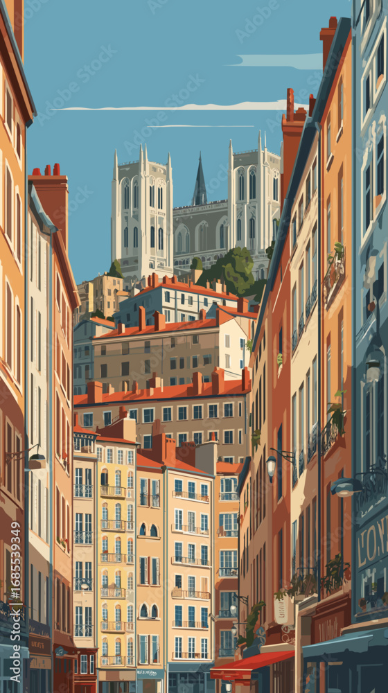 Obraz premium vector illustration, Cityscape of Lyon in France, attractive touristic advertisement poster, beautiful touristic must-see destination. Beautiful tourist destination, in western europe. Travel destina