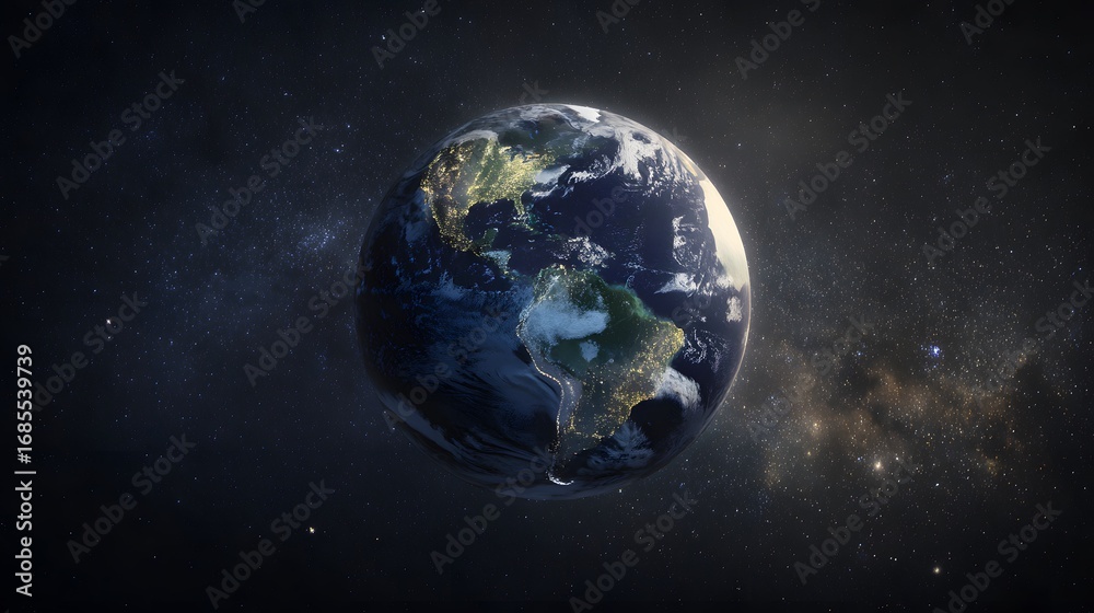 Naklejka premium Earth seen in starry night sky
