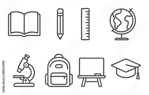 Education icons: book pencil ruler globe microscope backpack easel graduation cap
