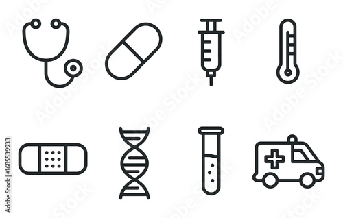 Simple medical icons set with stethoscope syringe dna pill ambulance designs