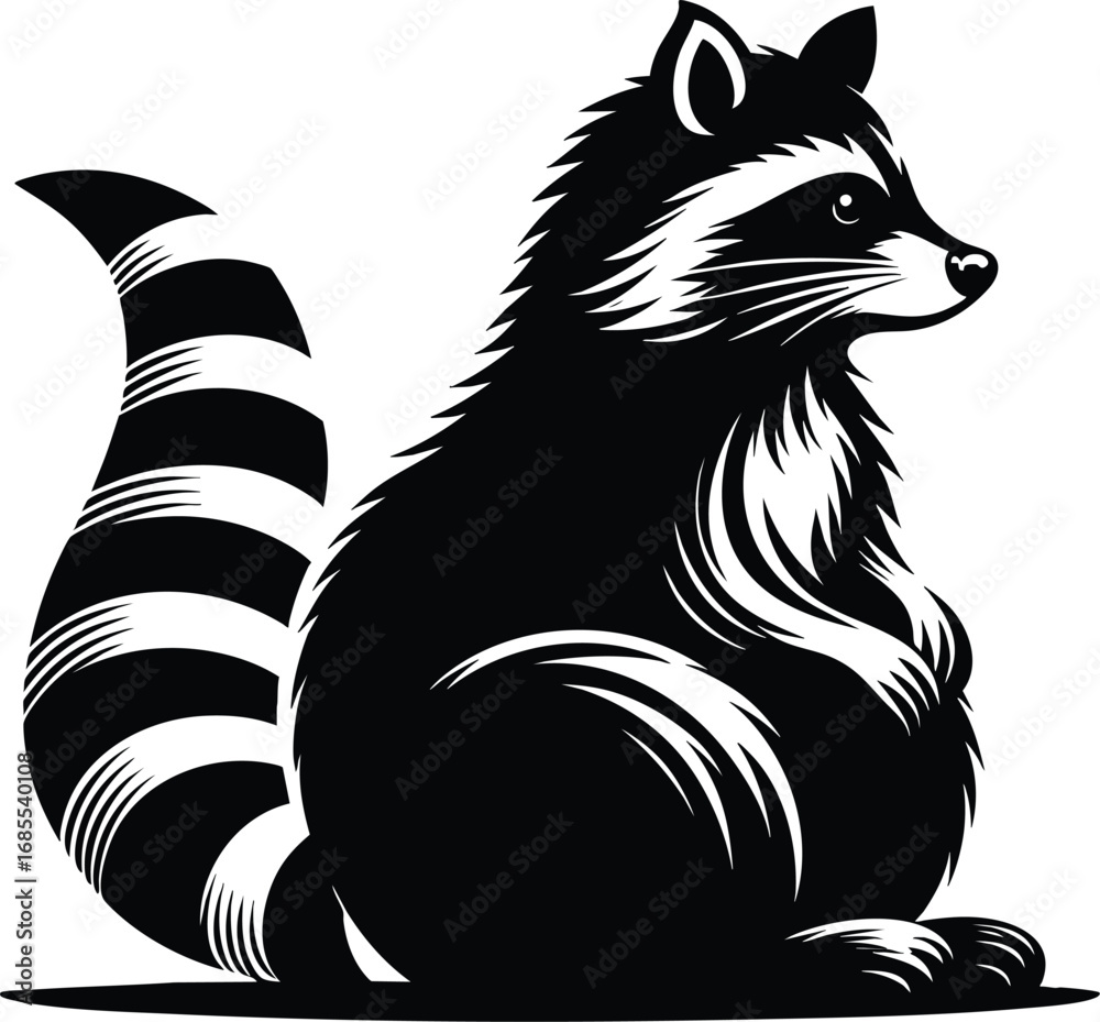 Fototapeta premium Adorable raccoon sitting animal silhouette vector illustration isolated on white background