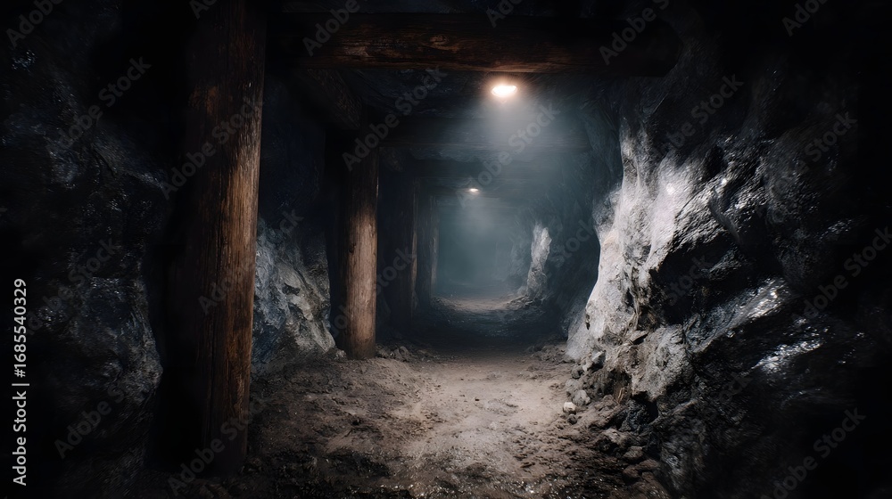 Obraz premium An atmospheric view inside a dark ancient underground mine tunnel illuminated by dim lights and supported by sturdy wooden beams and posts