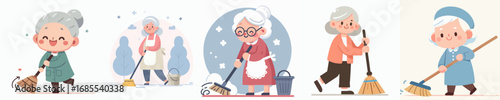 a grandmother sweeping cleans something