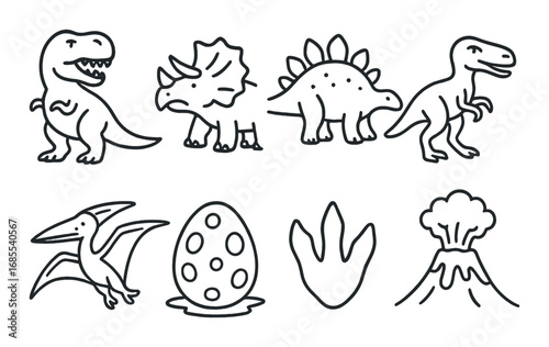Dinosaur outlines: t-rex, triceratops, stegosaurus, velociraptor, pterodactyl, egg, footprint, volcano