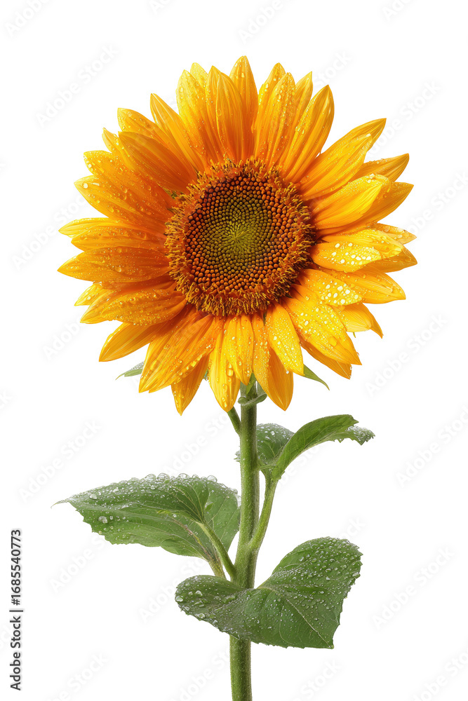 Naklejka premium Bright sunflower with water droplets. Large, vibrant yellow flower with detailed petals, darker orange center, and green leaves. Isolated on black