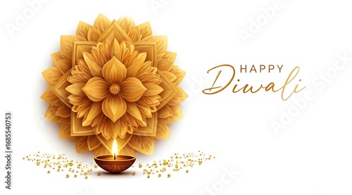 Illustration of a traditional Happy Diwali greeting with a lit diya and flower petals on a white background