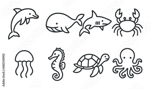Outline illustrations of marine animals: dolphin, whale, shark, crab, jellyfish, seahorse, turtle, octopus