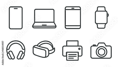 Modern technology icons: smartphone, laptop, tablet, smartwatch, headphones, vr, printer, camera