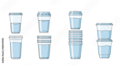 Collection of clear plastic cups with lids and blue accents for beverages