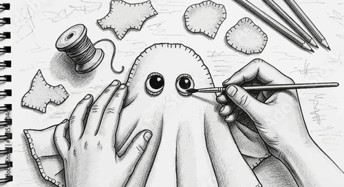 Handmade Ghost Being Painted with Big Eyes and Brush on Paper