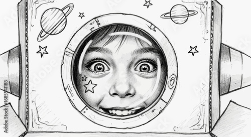 Penciled Portrait of a Child's Face in a Cardboard Spaceship Helmet