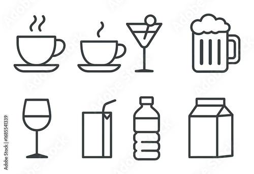 Variety of beverage icons on dark background: coffee, cocktail, beer, wine, juice, water, milk