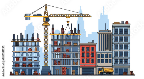 Urban Construction Site with Crane and Buildings Under Construction