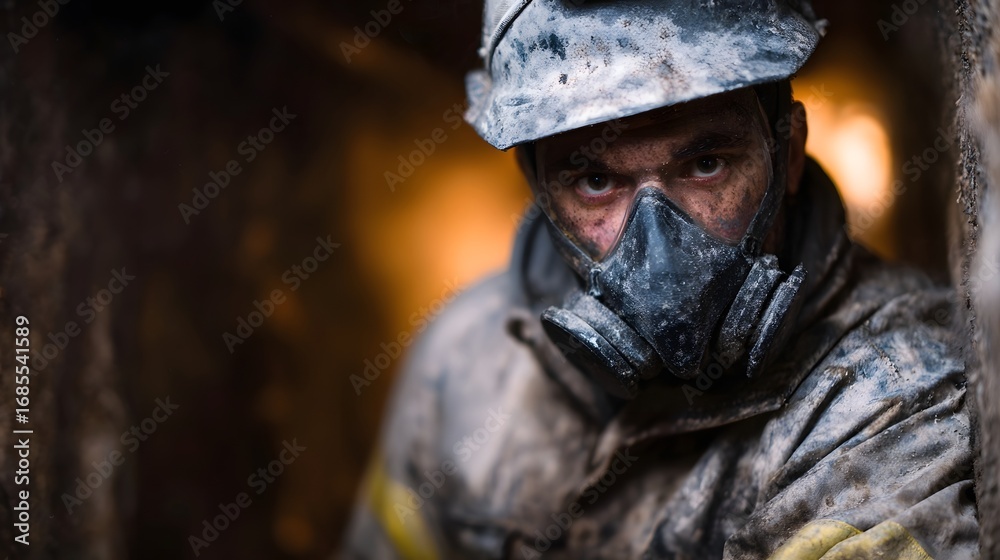 Fototapeta premium Worker in protective gear hardhat and respirator in a dark confined industrial tunnel with an intense expression highlighting challenging work