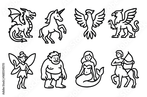 Silhouette illustrations of mythical creatures: dragon, unicorn, phoenix, griffin, fairy, troll, mermaid, centaur