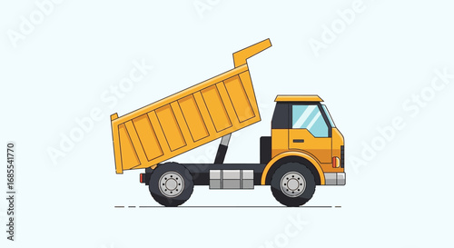 Yellow Dump Truck with Tipped Bed, Side View Illustration