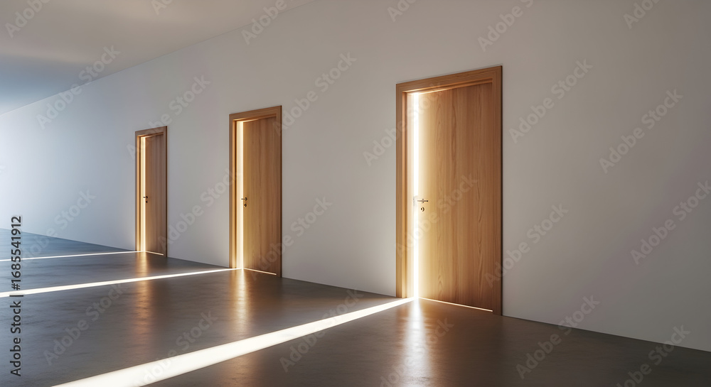 Fototapeta premium A minimalist composition of a long corridor with three doors leading to bright light