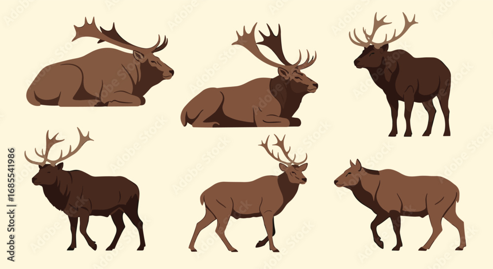Fototapeta premium Six pixel art illustrations of various deer species and antler styles