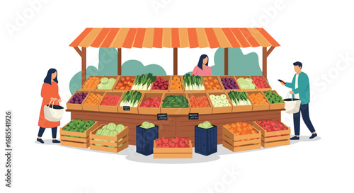 Fresh produce stand displaying abundant vegetables fruits and grains with shoppers