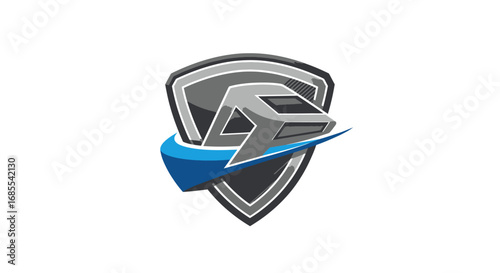Sleek Grey Train Logo Inside Protective Shield with Blue Swoop.