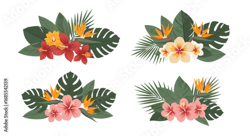 Vibrant tropical floral bouquets with exotic birds of paradise and lush greenery arrangements