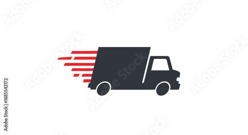 Fast delivery truck icon with red speed lines, stylized graphic for quick shipping.