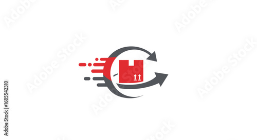 Red Box with Arrow Circle and Speed Lines, Delivery Concept.
