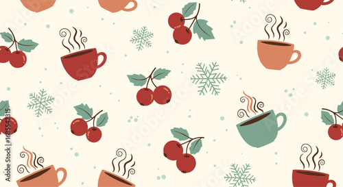 Cozy winter cherries and hot drinks seamless pattern festive holiday design