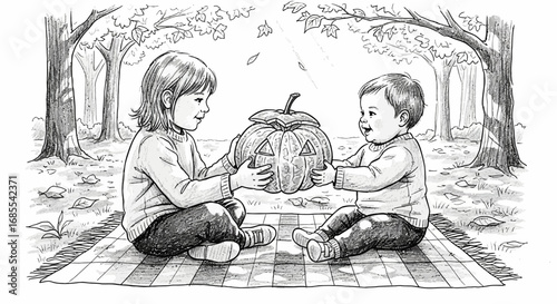 Children Sharing a Carved Pumpkin, Black and White Illustration