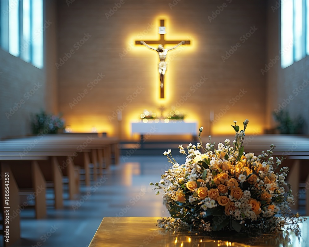 Naklejka premium Modern Religious Monument - Church Interior with Floral Decoration and Illuminated Cross Altar A surreal modern city skyline with glowing religious symbolism, dramatic architecture, spirituality, hope