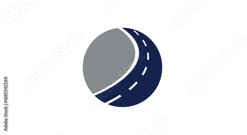 Abstract circular logo with a curving blue road dividing grey and blue sections.