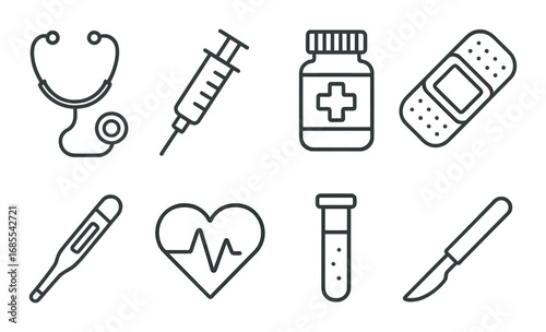 Medical icons: stethoscope, syringe, medicine bottle, bandage, thermometer, heart, test tube, scalpel
