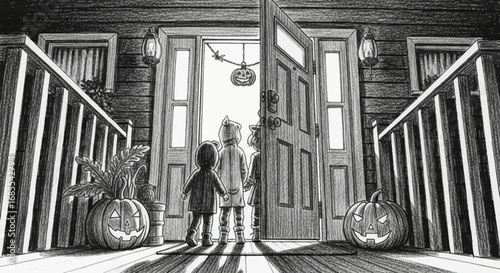 Three Children in Halloween Costumes Await Trick-or-Treating at a Doorway