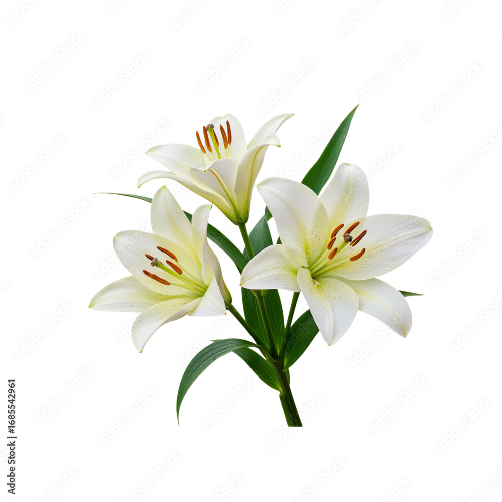 Fototapeta premium Three white lilies blooming with green stems and leaves isolated on a black background transparent background